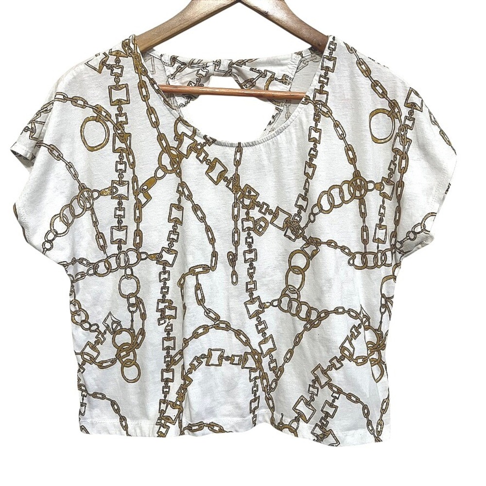 Forever 21 Womens Top L White Gold Chain Print Cutout Back‎ Short Sleeve